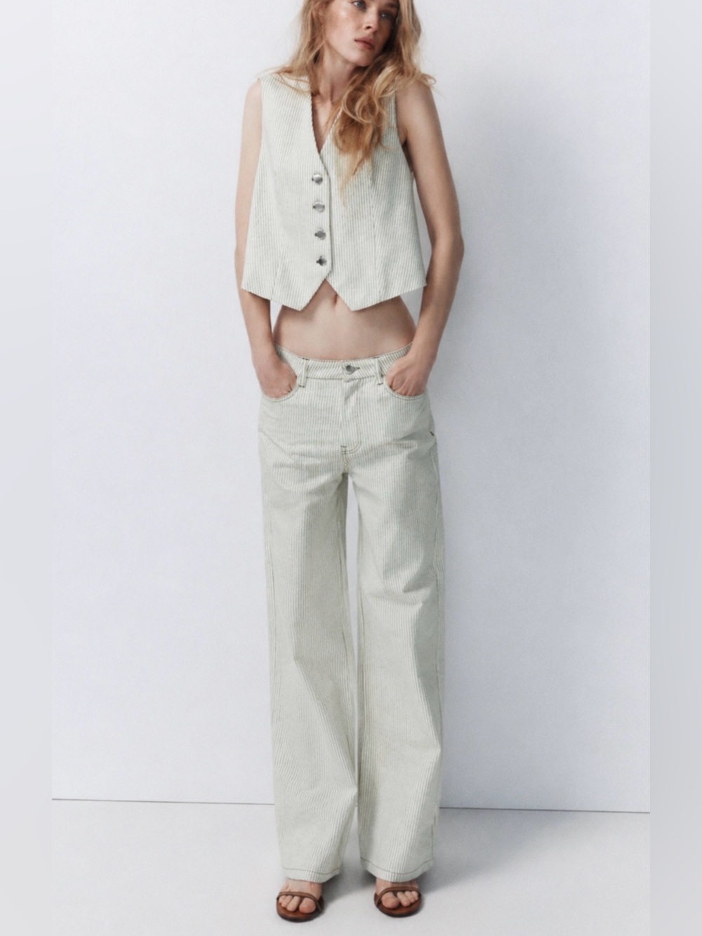 ZARA Vest & Wide-Leg Pants Set- Green Pinstripes